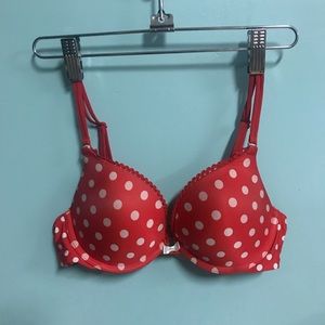 Red and white polka dot bra